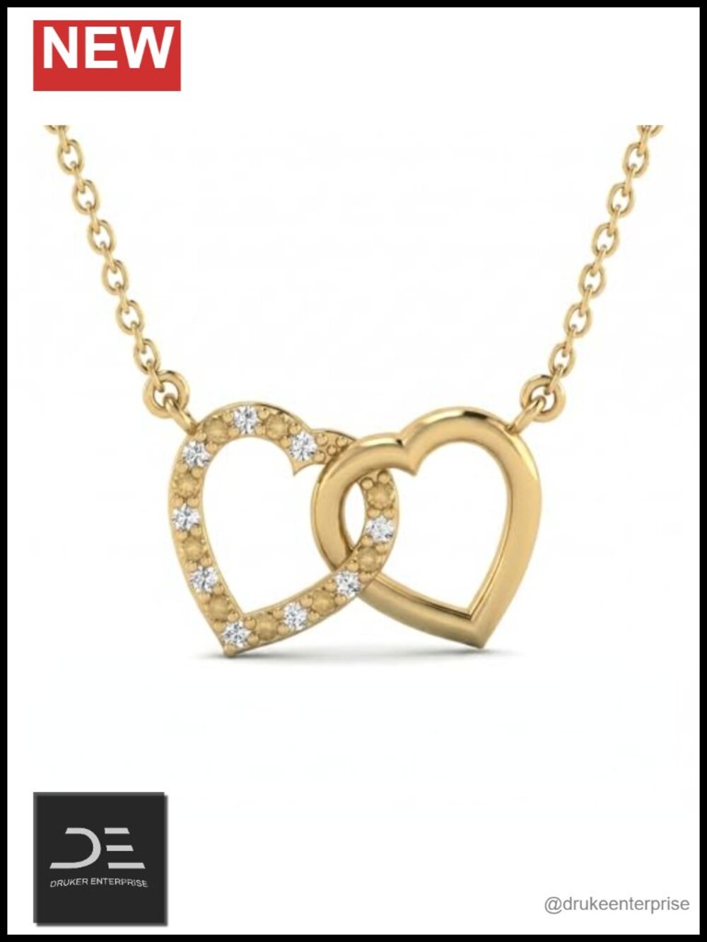 18K Gold Vermeil Real Diamond Double Heart Pendant Necklace